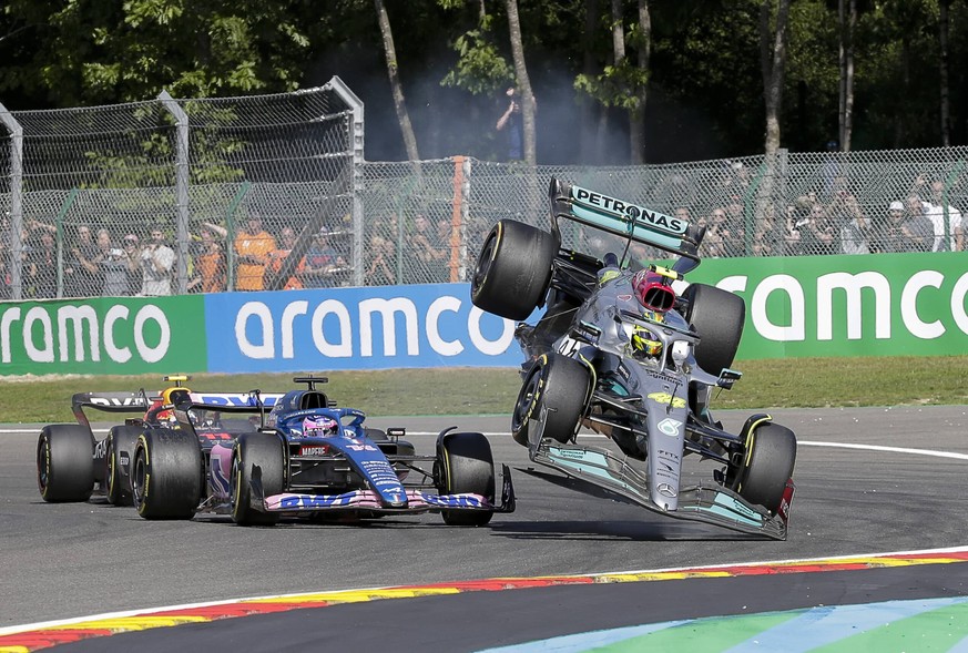 August 28, 2022: Mercedes 44 Lewis Hamilton from Great Britain goes air born after making contact with Alpine 14 Fernando Alonso from Spain during the F1 Rolex Grand Prix of Belgium at Circuit de Spa- ...