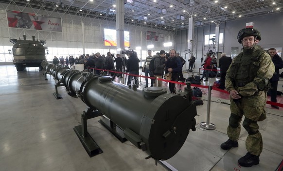 epa07335267 (FILE) - Russian military serviceman stands near the Iskander M Missile complex during a briefing on the issue of creation ground-based cruise missile 9M729 at Patriot military exhibition  ...