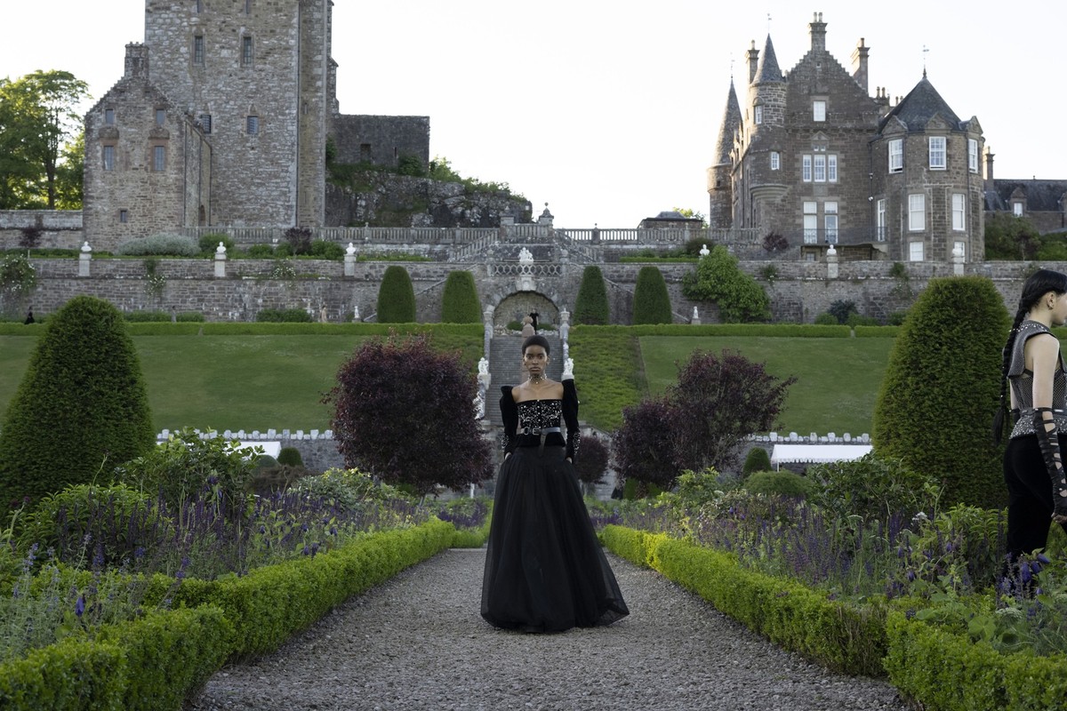 Model on the runway at the Dior Cruise 2025 Show held at Drummond Castle on June 3, 2024 in Perthshire, Scotland.