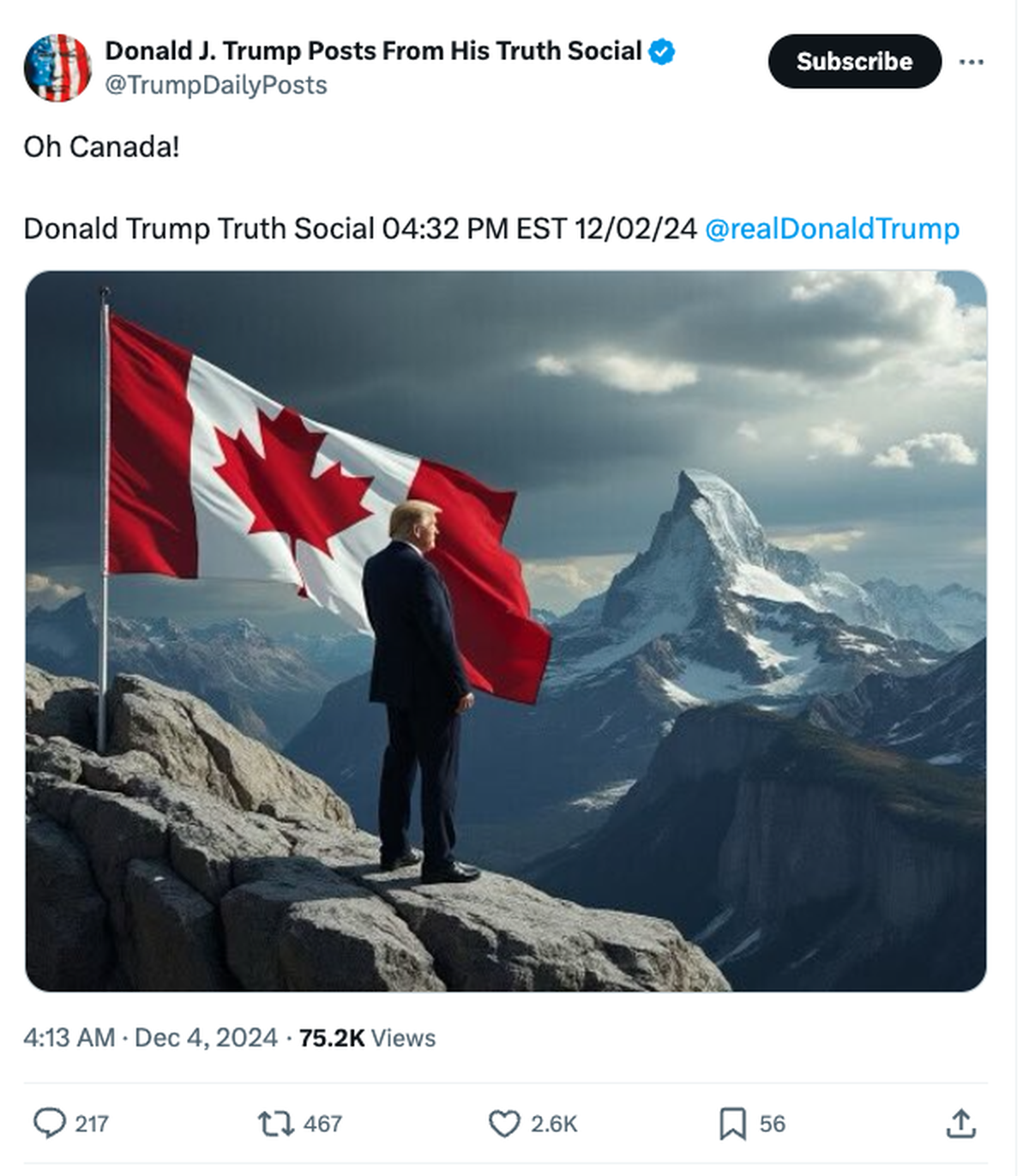 Donald Trump veut-il conquérir le Canada ou le Valais? La montagne en fond rappelle quelque chose.