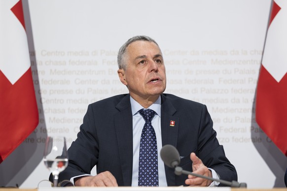 Bundesrat Ignazio Cassis spricht an einer Medienkonferenz zur Volksinitiative 'Wahrung der schweizerischen Neutralitaet (Neutralitaetsinitiative)', am Dienstag, 11. August 2026, in Bern. (KE ...