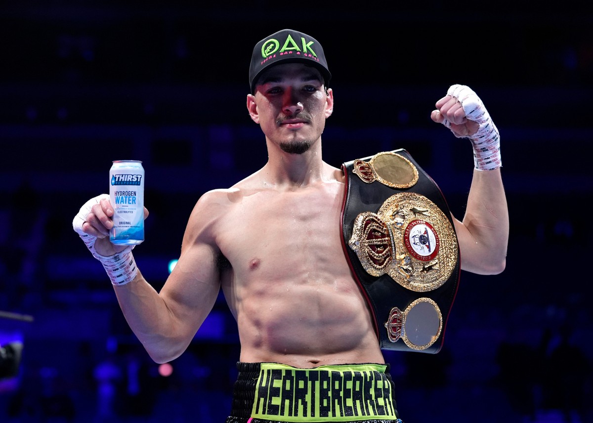 Brandon Figueroa celebrates victory after knocking out Nick Ball in a featherweight boxing match, Saturday, Feb. 7, 2026, in Liverpool, England. (Peter Byrne/PA via AP)
Nick Ball v Brandon Figueroa -  ...