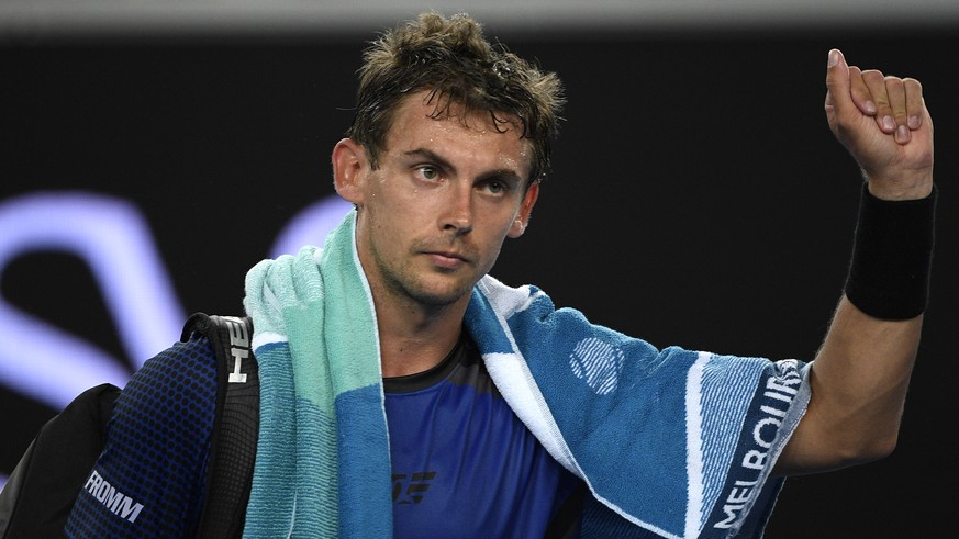 Switzerland&#039;s Henri Laaksonen waves as he leaves the court following his second round loss to Australia&#039;s Alex de Minaur at the Australian Open tennis championships in Melbourne, Australia,  ...