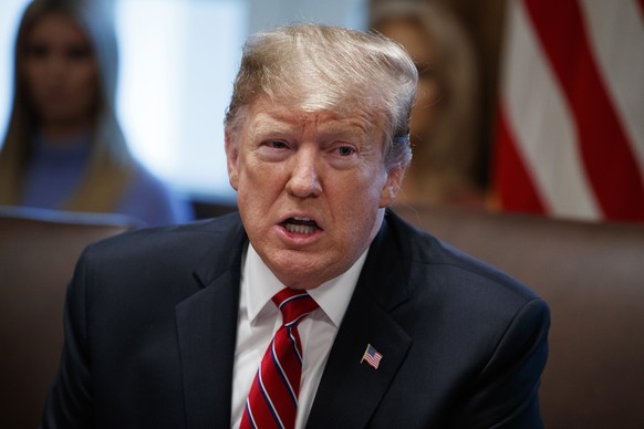 FILE - In this Feb. 12, 2019, file photo,President Donald Trump speaks during a cabinet meeting at the White House in Washington. (AP Photo/ Evan Vucci, File)