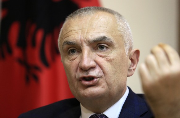 FILE - In this file photo dated Wednesday, April 21, 2021, Albanian President Ilir Meta speaks during an interview with the Associated Press in Tirana, Albania. Albania&#039;s parliament said Monday M ...