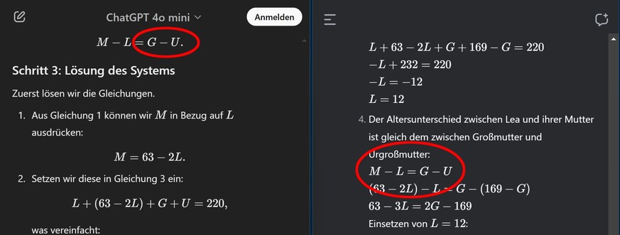 Links: ChatGPT, rechts: DeepSeek: «G» steht für Grossmutter und «U» für Urgrossmutter. Beide KIs begreifen nicht, wer davon älter sein muss. Beide entscheiden sich für die erstgenannte Grossmutter.