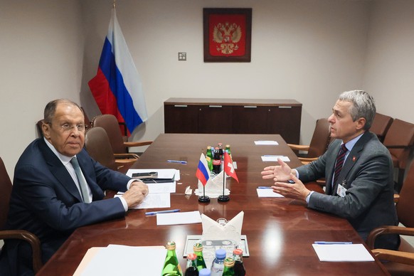 In this photo released by Russian Foreign Ministry Press Service, Swiss Federal Councillor and Foreign Minister Ignazio Cassis, right, meets with Russian Foreign Minister Sergey Lavrov, as part of the ...
