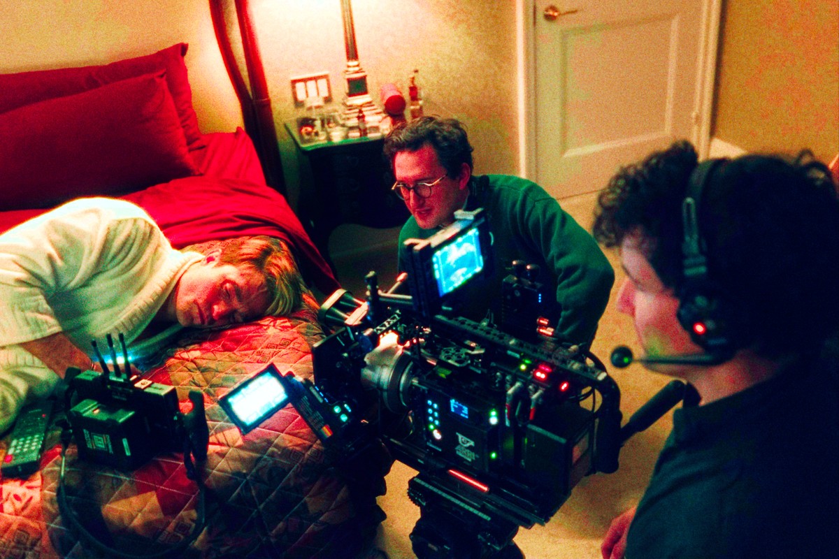 This image released by A24 shows Robert Pattinson, from left, director Lance Oppenheim, and cinematographer David Bolen during the filming of "Primetime." (A24 via AP)
Film - Primetime