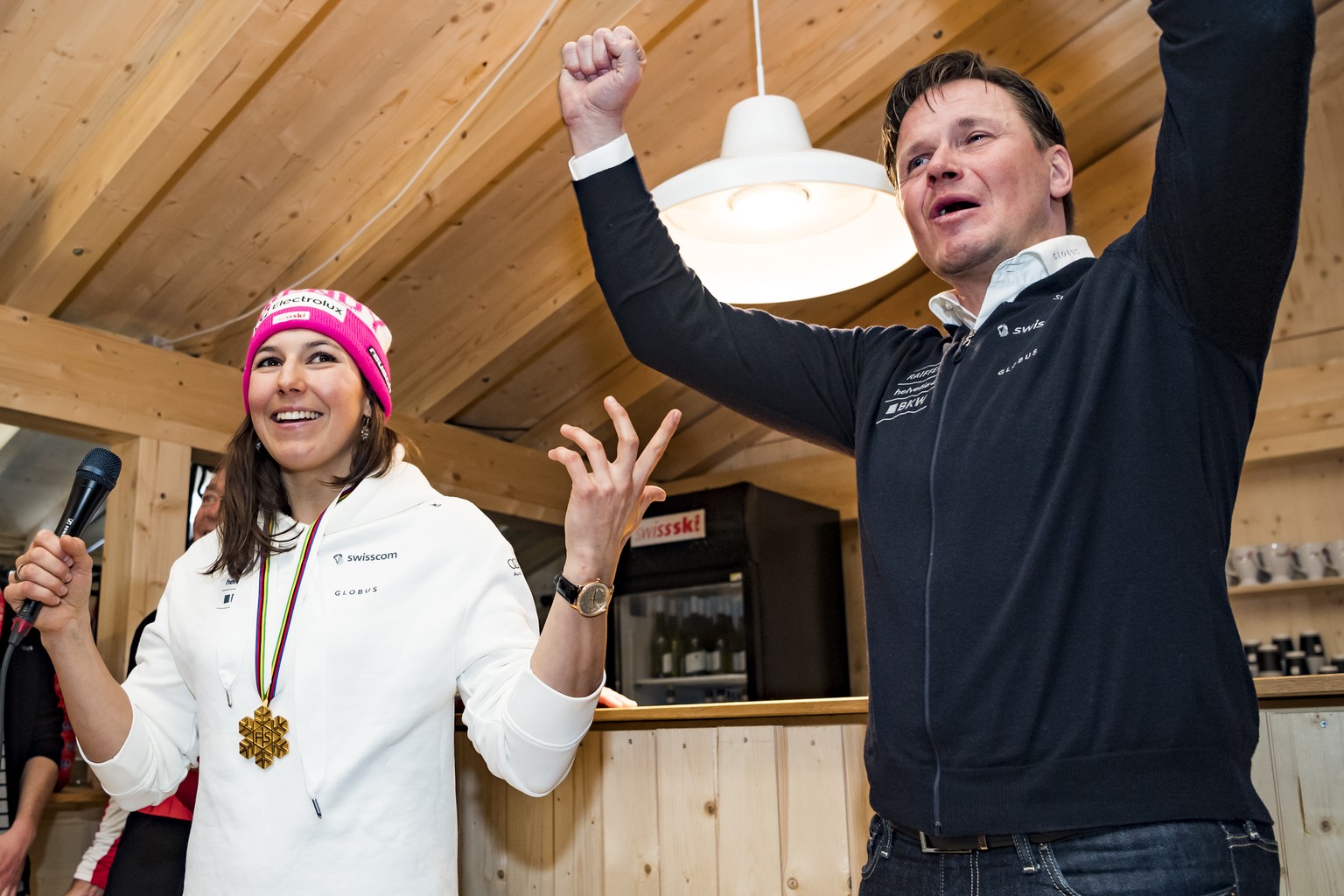 Wendy Holdener of Switzerland, gold medal, celebrates with Urs Lehmann, president of the Swiss-Ski Federation at the House of Switzerland during the medals ceremony after the Alpine Combined at the 20 ...