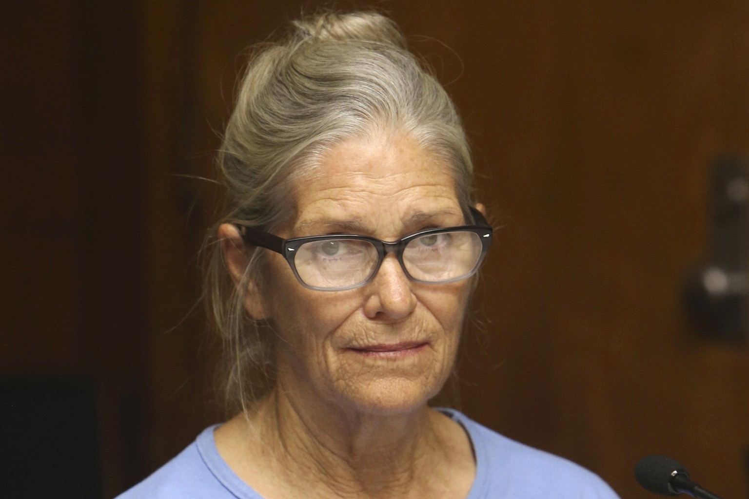 FILE - Leslie Van Houten attends her parole hearing at the California Institution for Women Sept. 6, 2017 in Corona, Calif. California Gov. Gavin Newsom said Friday, July 7, 2023, that he will not fig ...