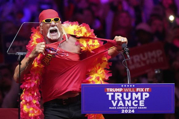 FILE - Hulk Hogan speaks before Republican presidential nominee former President Donald Trump at a campaign rally at Madison Square Garden, Oct. 27, 2024, in New York. (AP Photo/Evan Vucci, File)
Trum ...