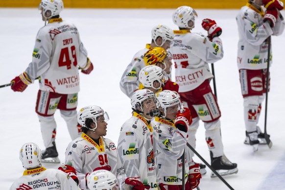 La deception des joueurs de Bienne, lors du match du championnat suisse de hockey sur glace de National League entre Geneve-Servette HC, GSHC, et EHC Biel-Bienne, EHCB, ce jeudi 5 mars 2026 a la patin ...