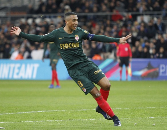 Monaco midfielder Youri Tielemans celebrates after scoring the goal during the League One soccer match between Marseille and Monaco at the Velodrome stadium, in Marseille, southern France, Sunday, Jan ...