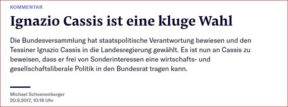 Für die «Neue Zürcher Zeitung» ist Cassis eine kluge Wahl. Sie zeige, dass die Mehrheit des Parlaments die Verfassung ernst nimmt.