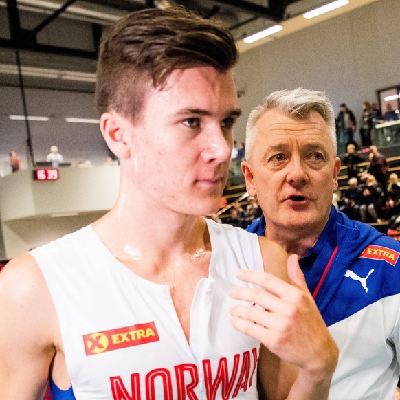 190210 Jakob Ingebrigtsen of Norway and Gjert Ingebrigtsen, coach and father, after the men s 1500 meter during Nordenkampen 2019 on February 10, 2019 in B¾rum. Photo: Jon Olav Nesvold / BILDBYRN / ko ...