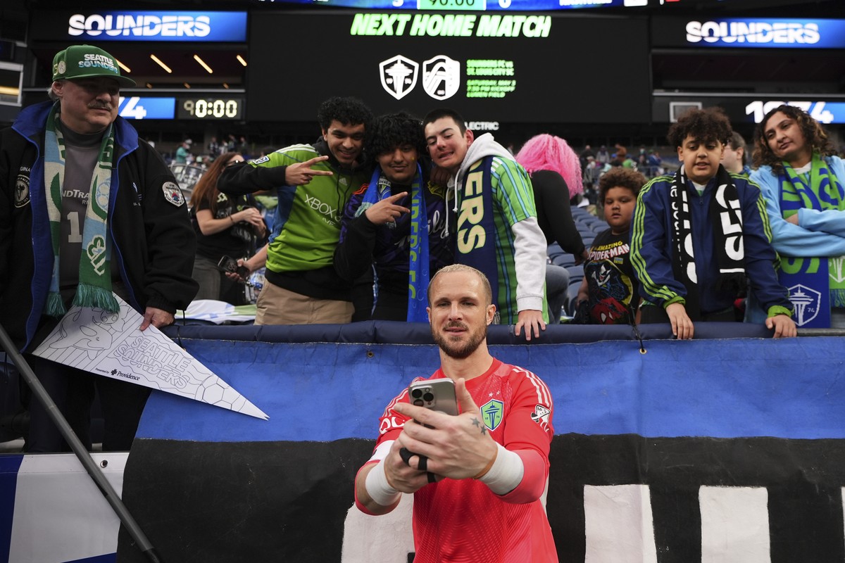 Seattle Sounders goalkeeper Stefan Frei takes a photo with fans after a victory over Nashville SC in an MLS soccer match Saturday, April 19, 2025, in Seattle. (AP Photo/Lindsey Wasson)
MLS Nashville S ...