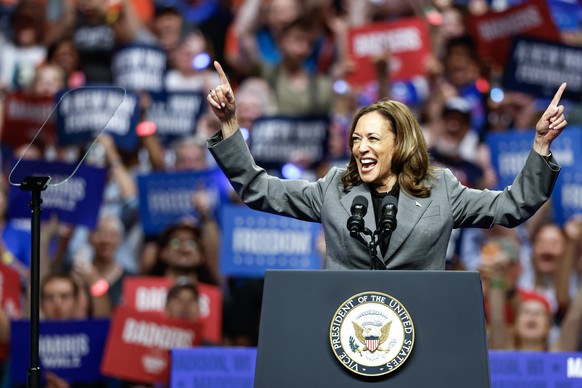 epa11616732 Democratic presidential candidate US Vice President Kamala Harris speaks during a campaign event at Veterans Memorial Coliseum at Alliant Energy Center in Madison, Wisconsin, USA, 20 Septe ...