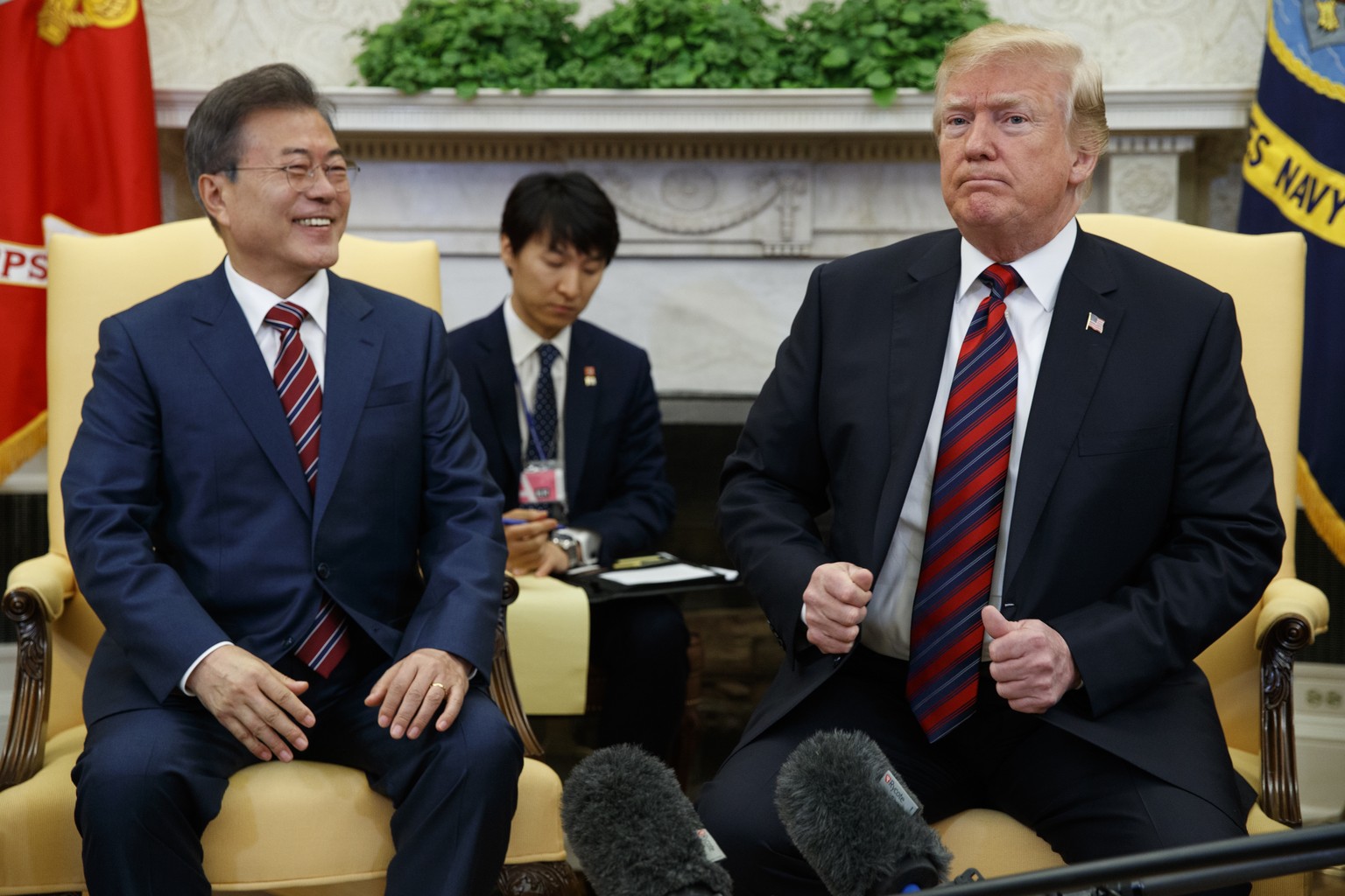 President Donald Trump meets with South Korean President Moon Jae-In in the Oval Office of the White House, Tuesday, May 22, 2018, in Washington. (AP Photo/Evan Vucci)