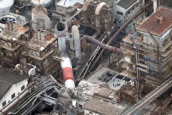 This aerial image shows a smokestack at Nippon Paper Industries' Yatsushiro Mill collapsed in the earthquake in Yatsushiro, Kumamoto Prefecture, Tuesday, July 28, 2026. (Kyodo News via AP)
Japan  ...