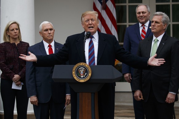 President Donald Trump speaks in the Rose Garden of the White House in Washington, after a meeting with Congressional leaders on border security, as the government shutdown continues Friday, Jan. 4, 2 ...