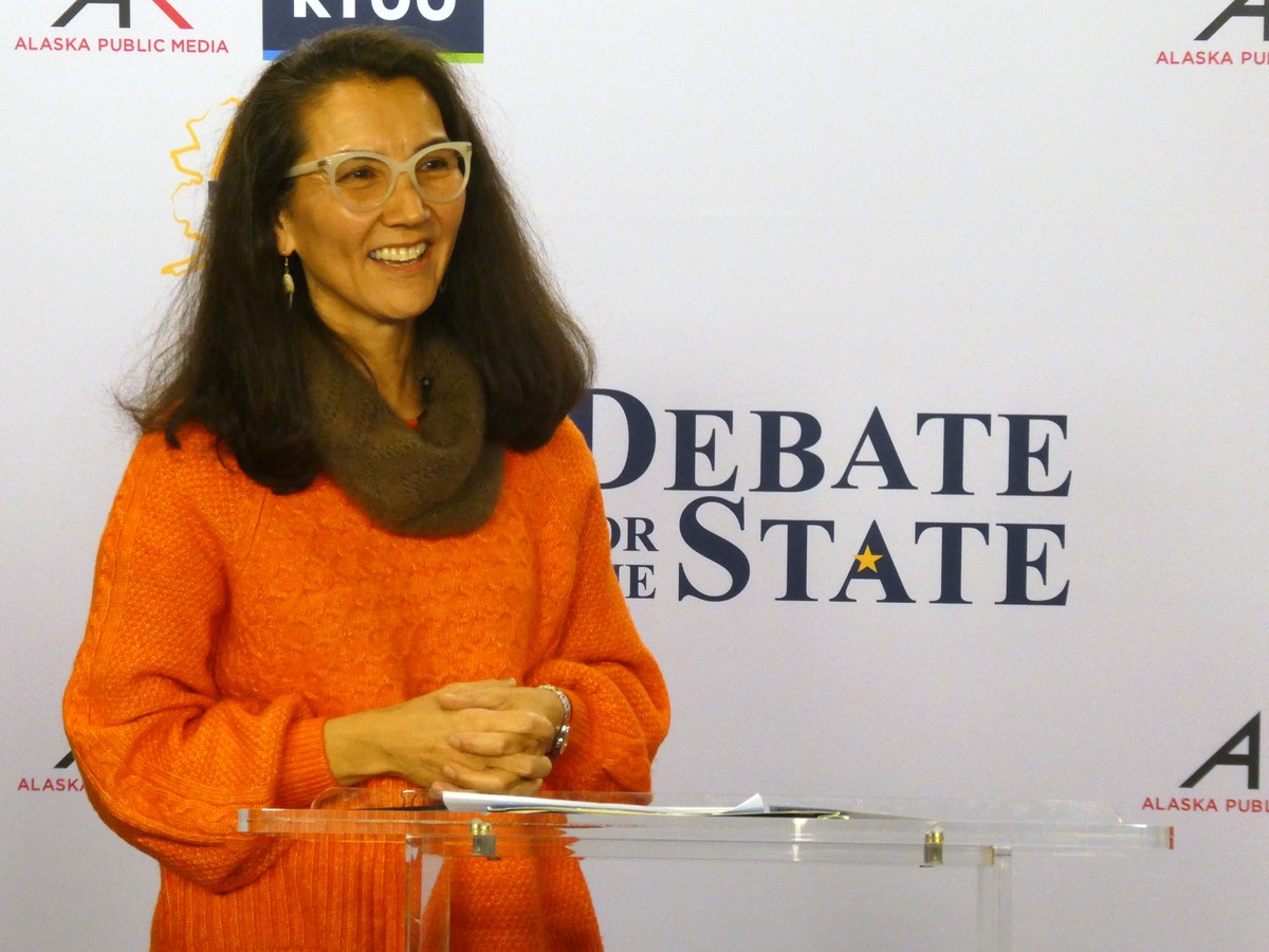 In this photo shot with a smart phone, Democrat Mary Peltola smiles ahead of a debate with Republican U.S. Sen. Dan Sullivan in Alaska's Senate race, Thursday, Oct. 15, 2026, in Anchorage, Alaska ...