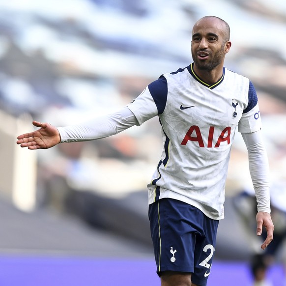 Tottenham&#039;s Lucas Moura reacts after scoring his side&#039;s third goal during an English Premier League soccer match between Tottenham Hotspur and Burnley at the Tottenham Hotspur Stadium in Lon ...