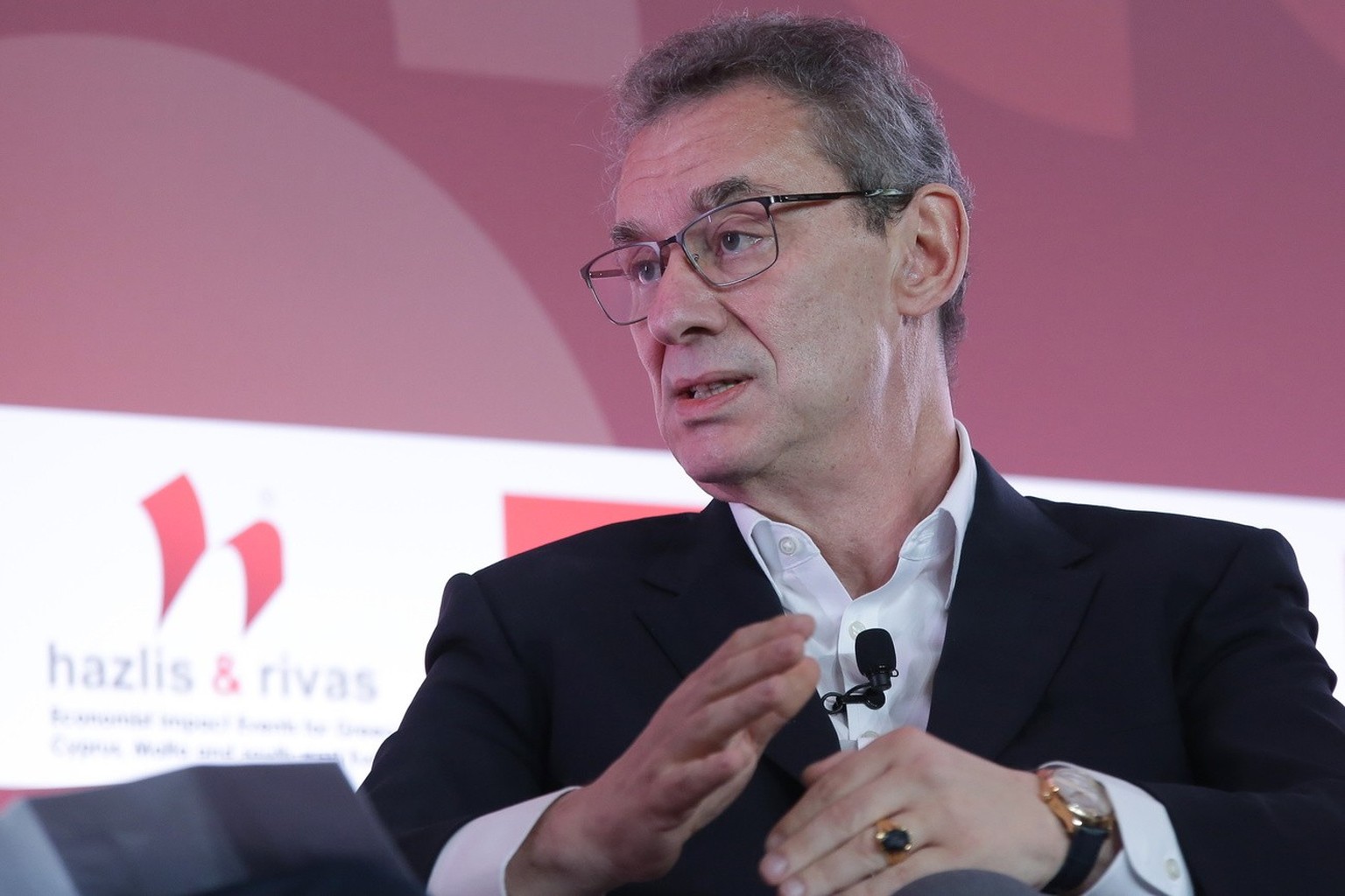 epa11456509 Albert Bourla, chairman and CEO of the pharmaceutical company Pfizer, speaks during the 28th Annual Economist Government Roundtable in Lagonissi, near Athens, Greece, 04 July 2024. The 28t ...