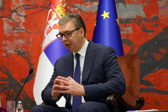 epa12053590 Serbian President Aleksandar Vucic speaks during a meeting with President of Cyprus Nikos Christodoulides(not pictured) in Belgrade, Serbia, 25 April 2025. President Christodoulides is on  ...