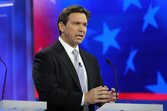 Republican presidential candidate Florida Gov. Ron DeSantis speaks during a Republican presidential primary debate hosted by NBC News, Wednesday, Nov. 8, 2023, at the Adrienne Arsht Center for the Per ...