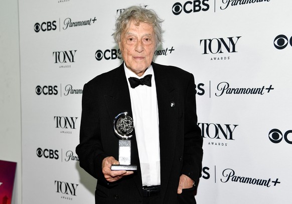 FILE - Tom Stoppard poses with the award for best play for &quot;Leopoldstadt&quot; in the press room at the 76th annual Tony Awards on Sunday, June 11, 2023, at the Radio Hotel in New York. (Photo by ...