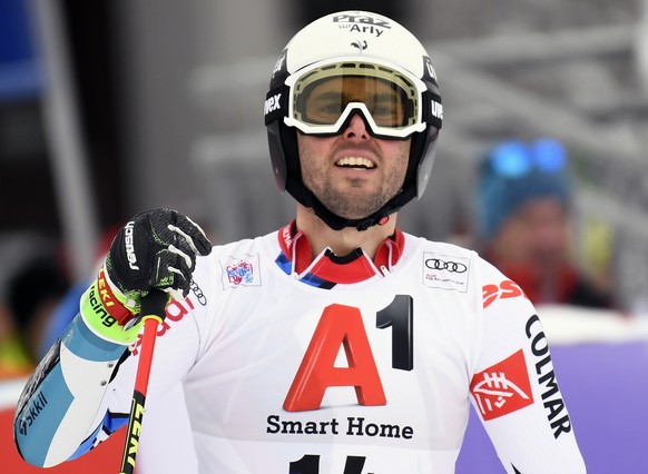 epa07240007 Thomas Fanara of France reacts in the finish area during the Mens Giant Slalom race at the FIS Alpine Skiing World Cup in Saalbach Hinterglemm, Austria, 19 December 2018. EPA/CHRISTIAN BRU ...