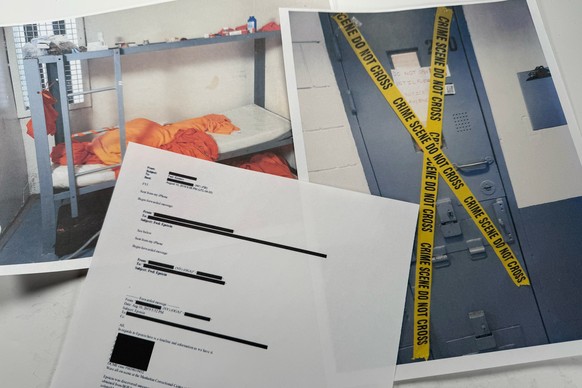 An email that was included in the U.S. Department of Justice release of the Jeffrey Epstein files is photographed Friday, Jan. 30, 2026, and shows the cell where Epstein was found unresponsive. (AP Ph ...