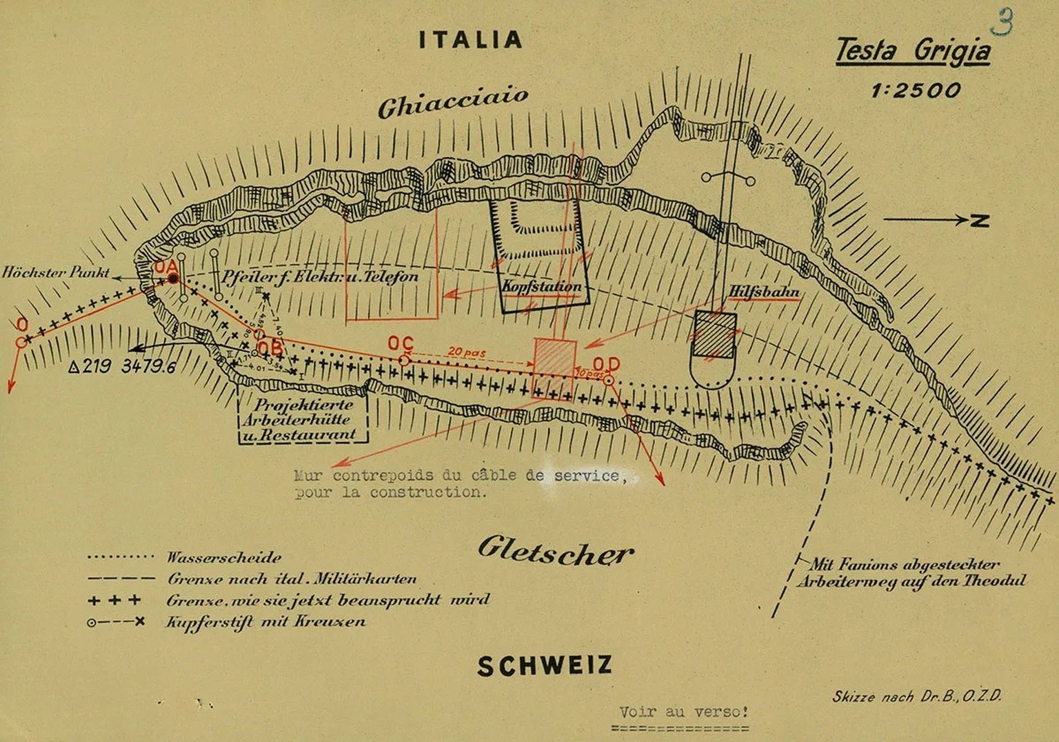 Grenzverläufe auf der Testa Grigia: Gestrichelt gemäss der italienischen Militärkarte und in Kreuzen gemäss den italienischen Ansprüchen vom April 1938. Die gepunktete rote Linie zeigt die letzten End ...