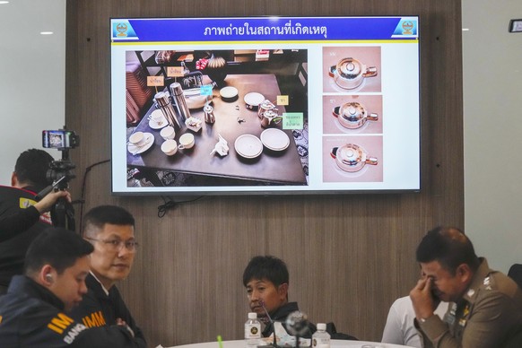 Thai police display pictures of evidence during a press conference at Lumpini police station in Bangkok, Thailand, Wednesday, July 17, 2024. The chief of the Thai police forensic division said Wednesd ...