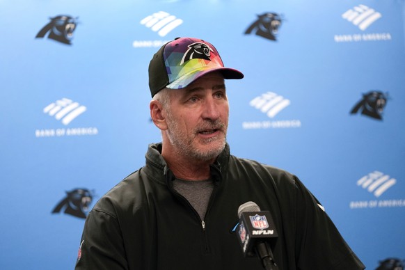 Carolina Panthers head coach Frank Reich talks after an NFL football game against the Detroit Lions in Detroit, Sunday, Oct. 8, 2023. (AP Photo/Paul Sancya)