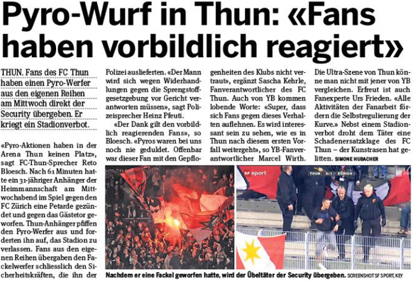 2011: In Thun halten Fans einen Pyro-Werfer fest, bis der Sicherheitsdienst kommt.