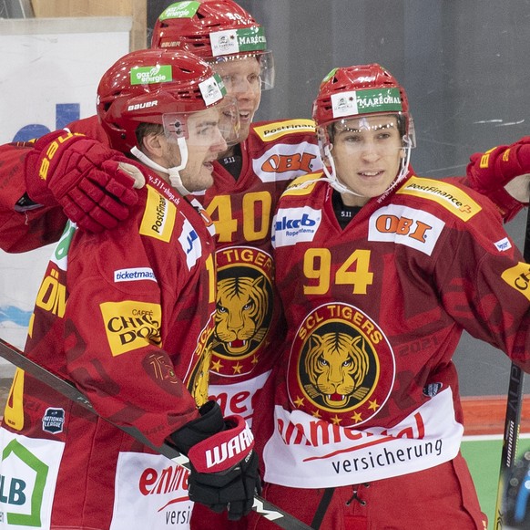 Tigers Erik Brannstroem, Flavio Schmutz, Patrick Petrini, Andrea Glauser, von links, jubeln beim 2:0, waehrend dem Meisterschaftsspiel der National League zwischen den SCL Tigers und dem HC Geneve-Ser ...