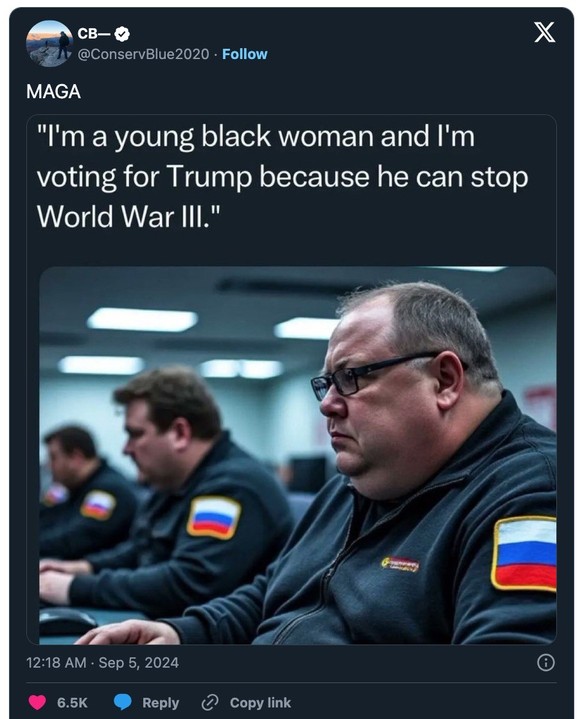 KI-generiertes Bild: Witz über russische Trolle, die Trump unterstützen.