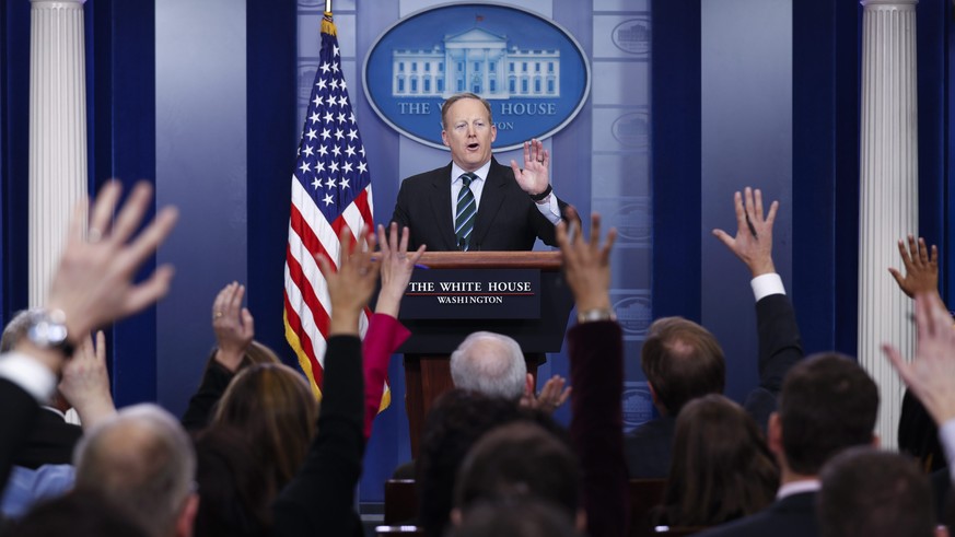 epa05749979 White House Press Secretary Sean Spicer calls on a member of the news media during a press conference in the Brady Press Briefing Room of the White House in Washington, DC, USA, 25 January ...