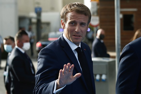 epa09473623 French President Emmanuel Macron arrives at the EUMed9 Summit, in Athens, Greece, 17 September 2021. The agenda of the Summit, which acquires special geopolitical weight, includes security ...