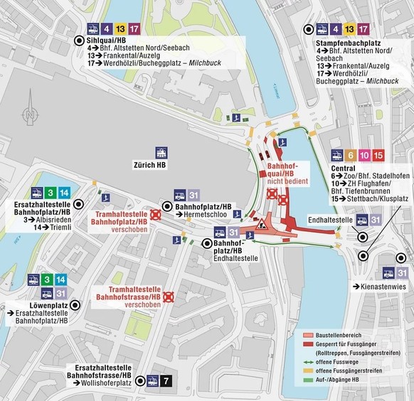 VBZ umleitungen Baurabeiten HB Zürich, 12 bis 31. Juli