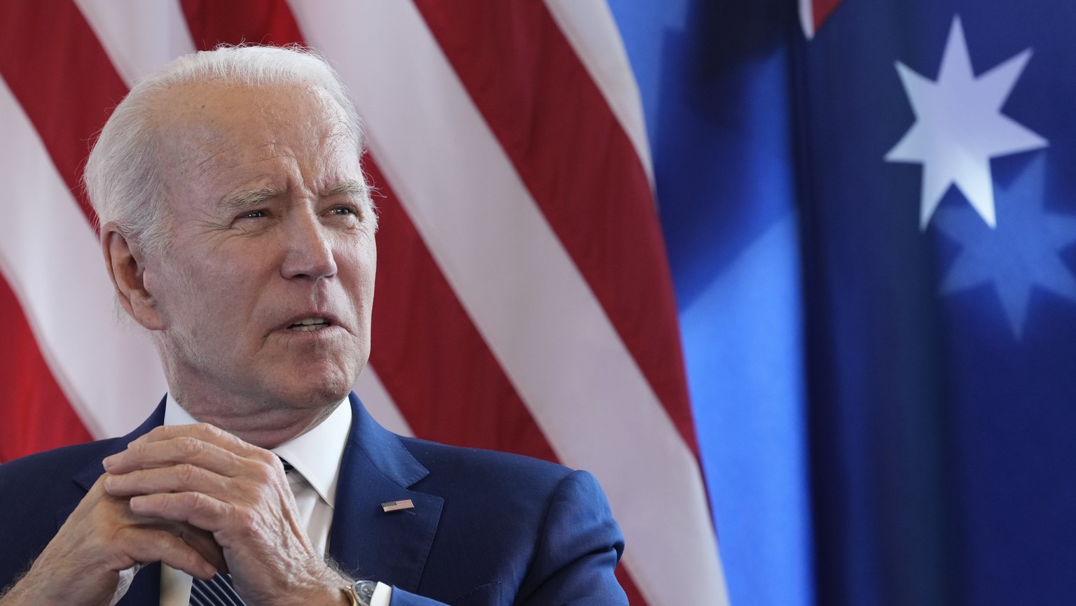 FILE - President Joe Biden answers questions about US debt limits ahead of a bilateral meeting with Australian Prime Minister Anthony Albanese on the sidelines of the G7 summit in Hiroshima,…