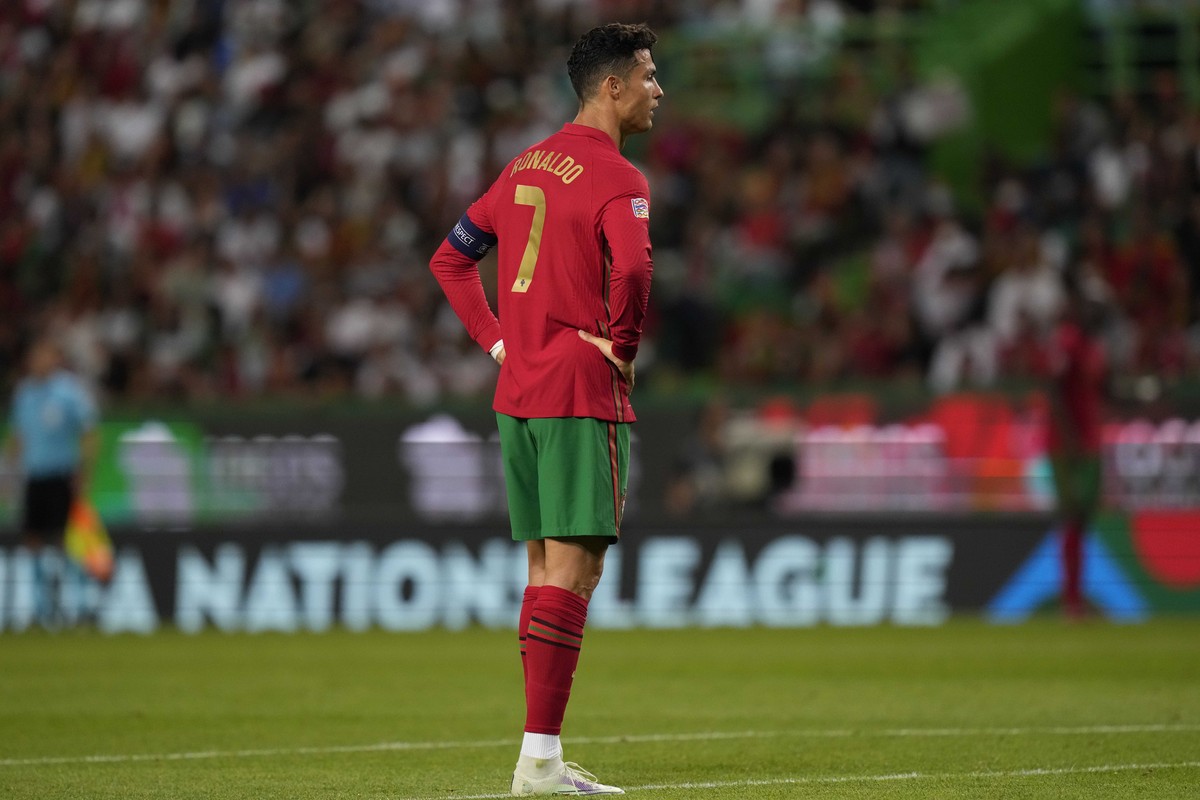 Portugal's Cristiano Ronaldo stands during the UEFA Nations League soccer match between Portugal and the Czech Republic, at the Jose Alvalade Stadium in Lisbon, Thursday, June 9, 2022. (AP Photo/ ...