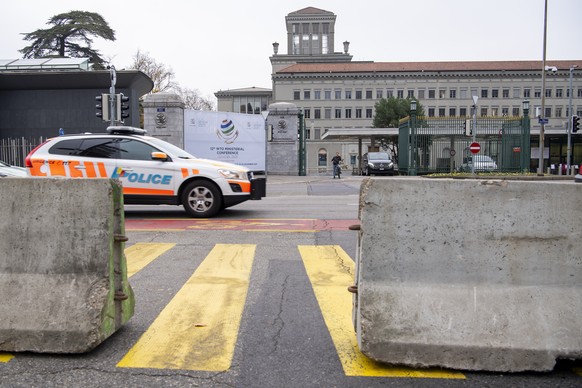 Concrete blocks and barriers are installed to protect the access to the World Trade Organization headquarters, WTO, in order to secure the premises to host the WTO12 in Geneva, Switzerland, Thursday,  ...