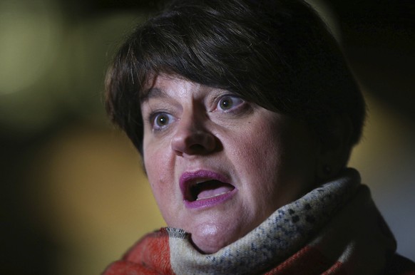 Democratic Unionist Party (DUP) of Northern Ireland, party leader Arlene Foster speaks to the media at College Green in Westminster, London, Wednesday Jan. 16, 2019. British Prime Minister Theresa May ...