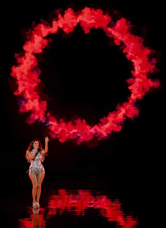 epa09199052 Anxhela Peristeri from Albania performs during rehearsals for the Second Semi-Final of the 65th annual Eurovision Song Contest (ESC) at the Rotterdam Ahoy arena, in Rotterdam, The Netherla ...