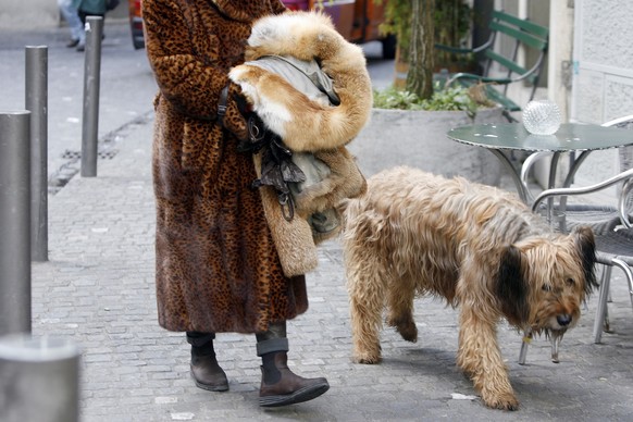 Eine Pelzliebhaberin spaziert mit ihrem Hund durch Zuerich am Dienstag, 6. Dezember 2005. (KEYSTONE/Alessandro Della Bella) === , ===