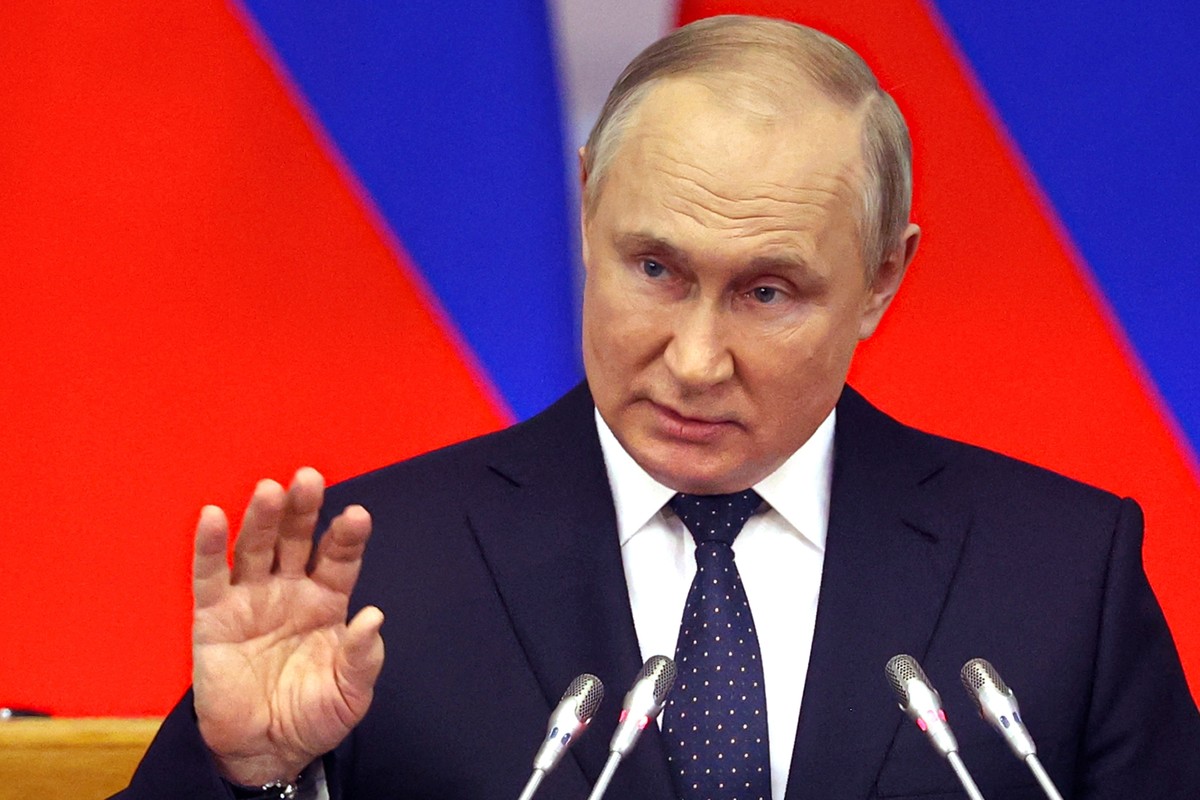 Russian President Vladimir Putin gestures while addresses a meeting of the Council of Legislators under the Russian Federal Assembly at the Tauride Palace, in St. Petersburg, Russia, Wednesday, April  ...
