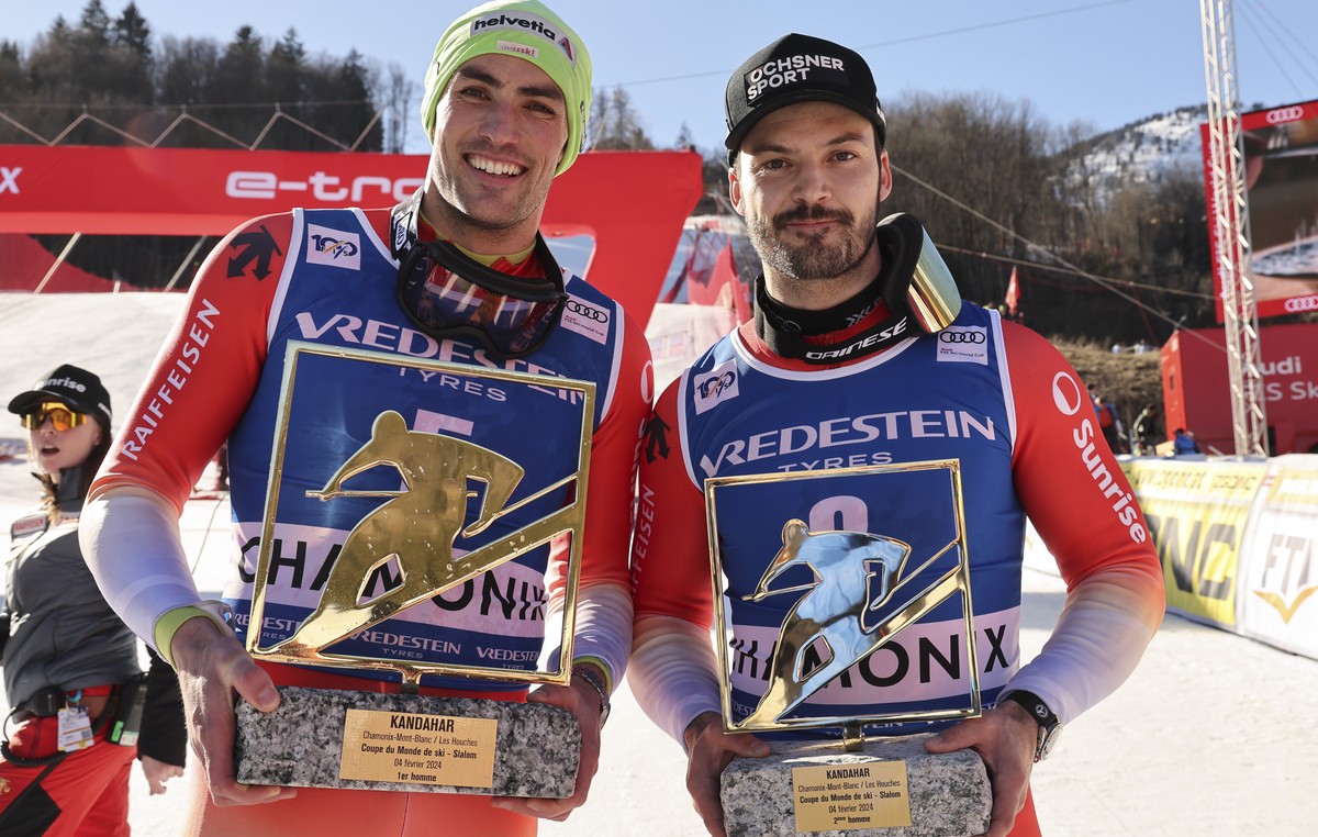 Switzerland's Daniel Yule, left, winner of an an alpine ski, men's World Cup slalom race, and second-placed Switzerland's Loic Meillard, hold up their trophies, in Chamonix, France, Sun ...