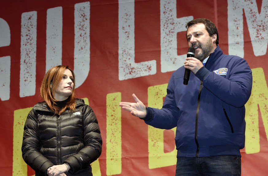 Matteo Salvini of the League speaks to supporters during a campaign event in Bibbiano, Emilia-Romagna, Italy, as Northern League Senator Lucia Borgonzoni listens on Thursday, Jan. 23, 2020. (Stefano C ...